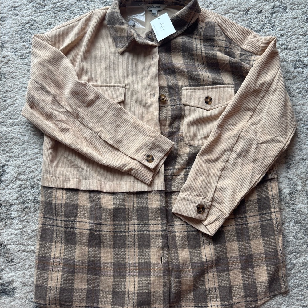 Tan and Brown Plaid Button-Up Shirt